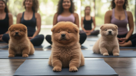 Adorable Chow Chow puppies join a vibrant yoga class, creating a heartwarming scene of fun and relaxation amidst a serene environment filled with smiling participants.の素材