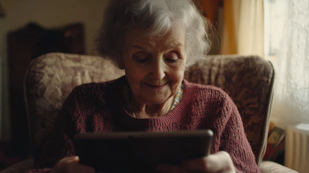 An elderly woman sits in a cozy living room, smiling as she engages with a digital tablet, reflecting the joy of technology and connection in her serene environment.の素材
