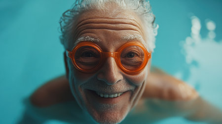 A joyful senior man wearing orange swimming goggles smiles at the camera in a clear pool, highlighting his active lifestyle and the refreshing joy of summer activities.の素材