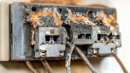 A close-up of a severely damaged electrical switchboard, showing burnt areas and exposed wires, emphasizing the importance of regular maintenance for safety and prevention of fire hazards.の素材