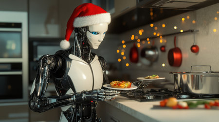 A futuristic robot chef wearing a Santa hat prepares delightful holiday meals in a modern kitchen, creating a festive atmosphere filled with lights and seasonal cheer.の素材