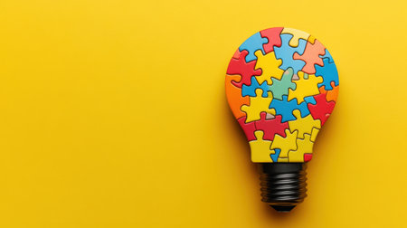A vibrant image showcasing a light bulb made of colorful puzzle pieces set against a yellow background, symbolizing creativity and innovative solutions. Perfect for concepts related to ideas and problem-solving.の素材