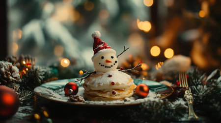 Celebrate the holiday spirit with this whimsical pancake stack shaped like a snowman, adorned with festive decor and glowing Christmas lights in a cozy setting.の素材