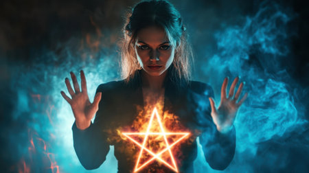A captivating image of a woman channeling energy through her hands, centered around a glowing star, shrouded in colorful smoke and mystical light in a dramatic atmosphere.の素材