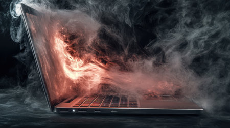 This striking image features a laptop releasing vibrant smoke and flames, illustrating the fusion of technology and creativity in a unique digital art composition.の素材