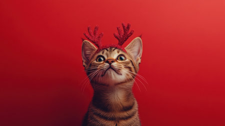 A charming tabby cat adorned with festive antlers poses against a vibrant red background, adding a delightful touch to holiday and celebration themes in photography.の素材
