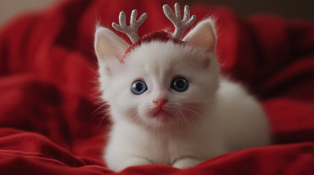 This charming image showcases an adorable white kitten wearing festive antlers, nestled on a vibrant red blanket, evoking warmth and holiday cheer. Perfect for seasonal projects!の素材