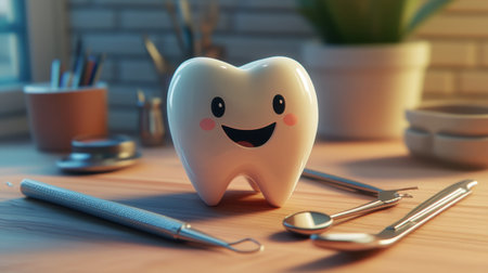 This fun and adorable cartoon tooth character smiles joyfully in a cozy dental office, surrounded by essential dental tools, creating a cheerful ambiance for childrenの素材