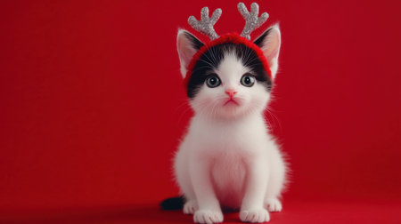 This delightful image captures a fluffy kitten wearing festive reindeer antlers against a vibrant red background, perfect for holiday celebrations and seasonal cheer.の素材