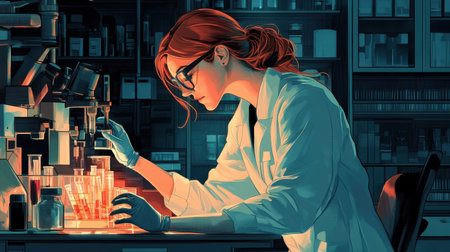 A dedicated scientist engaged in critical research in a modern laboratory, utilizing glassware under dramatic lighting, showcasing the essence of scientific inquiry and innovation.の素材