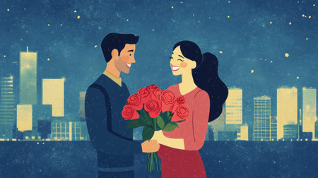 This charming illustration captures a couple exchanging red roses in front of a city skyline at night, radiating love and joy in a heartwarming scene.の素材