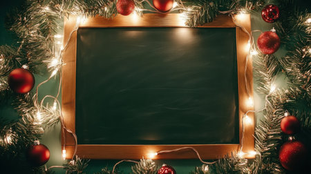 A charming blank chalkboard framed by lush evergreen, vibrant ornaments, and twinkling fairy lights, ideal for holiday messages, seasonal greetings, and creative decor ideas.の素材