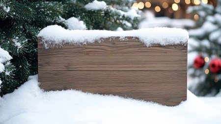 A rustic wooden sign rests on a bed of fresh snow, encircled by evergreen trees and soft bokeh lights, perfect for holiday decorations or seasonal messages in a serene winter setting.の素材