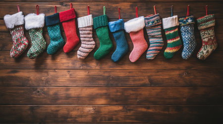 A vibrant array of knitted Christmas stockings hangs against a rustic wooden backdrop, creating a joyful holiday scene perfect for adding cheer to any festive celebration.の素材