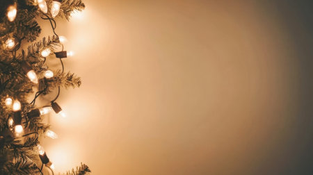 A peaceful scene featuring softly glowing Christmas lights entwined with a green pine tree branch, perfect for evoking a warm holiday atmosphere in any setting.の素材