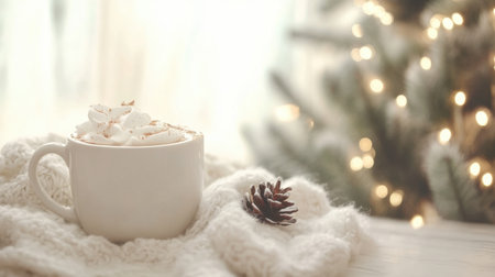 A cozy scene featuring a cup of hot chocolate topped with whipped cream, set on a soft blanket, surrounded by a pine cone and glowing lights, capturing winter warmth.の素材