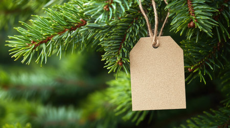A serene closeup of a natural pine branch featuring a blank brown tag, ideal for seasonal decoration, gift notes, or holiday-themed artwork with lush greenery.の素材