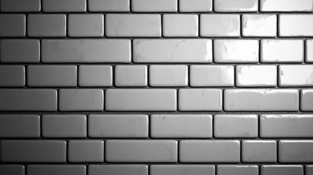 A close-up view of glossy white subway tiles arranged in a sleek, uniform pattern, ideal for enhancing modern interiors, adding a touch of elegance and sophistication.の素材