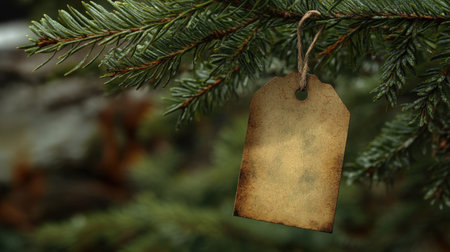 A rustic blank tag hangs delicately from a pine tree branch, evoking a sense of nostalgia and simplicity, ideal for seasonal decor or special gift messages.の素材