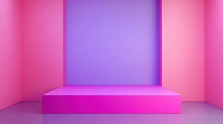 This vibrant minimalist display area features pink and purple walls with a striking platform, perfect for showcasing products or modern art in a visually appealing environment.の素材