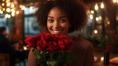 A joyful young woman with curly hair holds a vibrant bouquet of red roses, radiating happiness in a cozy restaurant ambiance filled with soft lights.の素材