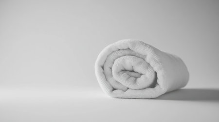A neatly rolled white towel on a soft light background, symbolizing comfort and cleanliness, perfect for spa settings or bathroom decor to enhance relaxation.の素材