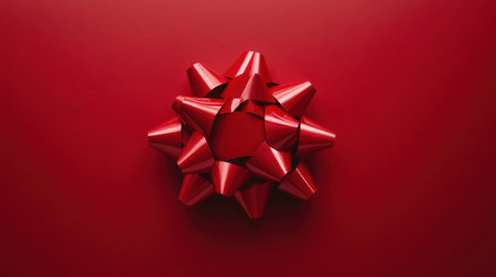 A stunning red gift bow sits elegantly on a deep red background, symbolizing joy and festivities, making it a perfect visual for holiday events and celebrations.の素材
