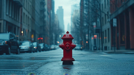 A vibrant red fire hydrant contrasts with the muted tones of a rainy city street, featuring tall buildings and a moody atmosphere that reflects urban solitude.の素材