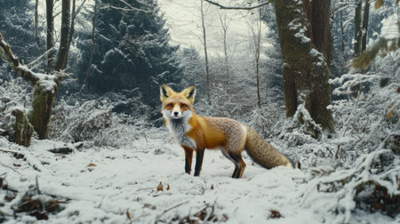 A charming fox stands gracefully in a snowy forest, showcasing its vibrant fur against the serene winter landscape, embodying the enchanting essence of wildlife in nature.の素材