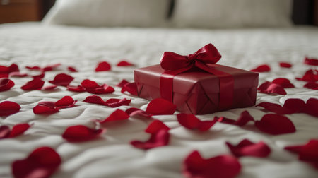 A beautifully wrapped red gift box adorned with a bow lies on a bed surrounded by fresh rose petals, creating a romantic atmosphere ideal for special events or celebrations.の素材