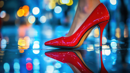 A stunning close-up shot of a red high heel shoe reflecting on a wet street, surrounded by colorful bokeh lights that create a vibrant nightlife ambiance.の素材