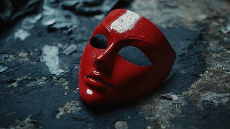 This captivating red mask showcases striking beauty with water drops, set against a textured surface, embodying mystery and artistic expression perfect for deep thematic visuals.の素材