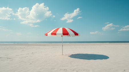 A vibrant red and white striped umbrella creates a striking focal point on a serene beach, highlighting a peaceful summer day under a clear blue sky. Perfect for relaxation.の素材