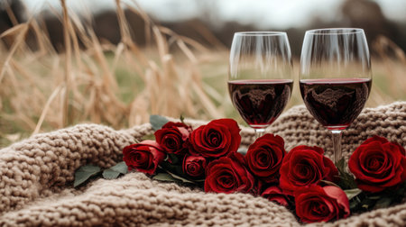 Two wine glasses filled with rich red wine sit beside a bouquet of red roses on a cozy blanket in a serene outdoor environment, perfect for romantic moments.の素材