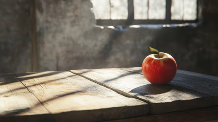 This image showcases a fresh red apple sitting on a wooden table in a sunlit room, highlighting its vibrant color and natural beauty, ideal for food-related themes.の素材