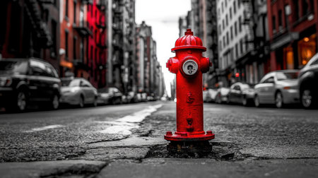 A striking red fire hydrant in the foreground contrasts dramatically against a black and white urban street, highlighting the vibrancy of city life amid parked cars and towering buildings.の素材