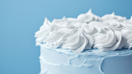 A close-up view of a cake topped with soft blue icing and decorative whipped cream swirls, set against a pastel backdrop, ideal for showcasing sweet treats for any occasion.の素材