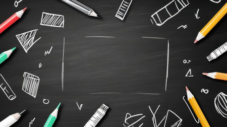 A creative workspace featuring colorful markers and pencils arranged around a blank chalkboard, perfect for custom artwork, notes, or educational purposes.の素材