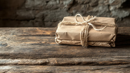 A beautifully wrapped package using brown paper and twine rests on a rustic wooden table, evoking warmth and simplicity, ideal for holiday or gift-related themes.の素材