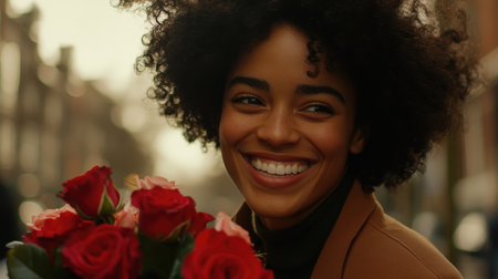 A cheerful young woman with curly hair smiles brightly while holding a vibrant bouquet of roses in a warm, sunlit urban setting, conveying joy and beauty.の素材