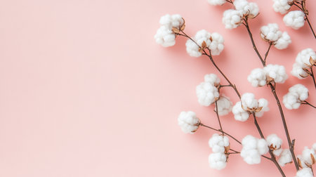 A stunning composition of cotton branches featuring white fluffy bolls against a delicate pink backdrop, perfect for designs that seek elegance and simplicity.の素材
