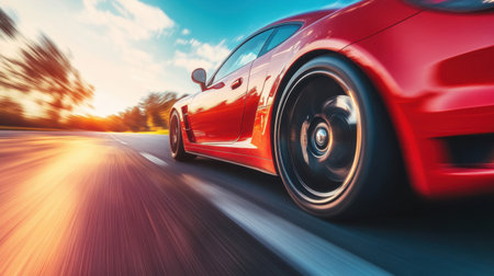 A striking red sports car speeds along a scenic road, with a vibrant sunset and blurred surroundings creating an exhilarating sense of motion and adventure.の素材