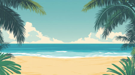 A picturesque beach scene showcasing lush palm trees framing a tranquil ocean view, with soft clouds in a blue sky, perfect for relaxation and tropical vibes.の素材