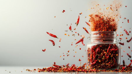 Captivating view of a jar filled with dried red chili peppers amidst flying flakes, showcasing the vibrant colors and textures of spices in a dynamic food scene.の素材