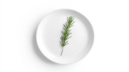 A fresh rosemary sprig elegantly placed on a white plate, emphasizing natural beauty and simplicity, ideal for culinary presentations and showcasing healthy cooking ingredients.の素材