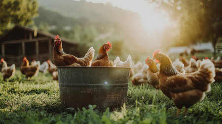 A group of hens feeding from a large bucket in a green farm field, with sunlight illuminating their feathers and peaceful surroundings.の素材