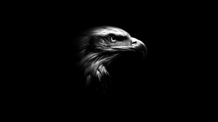 Bald eagle in profile, black background emphasizing white feathers and sharp beak, symbolizing dignity and strengthの素材