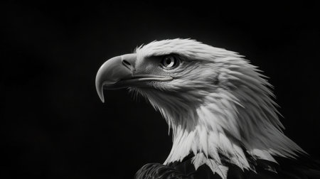 Bald eagle in profile, black background emphasizing white feathers and sharp beak, symbolizing dignity and strengthの素材