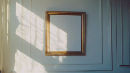 An empty golden frame adorned with intricate details casts beautiful shadows and is illuminated by soft natural light, enhancing the elegance of the interior space.の素材