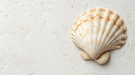 A stunning white seashell with detailed textures and patterns lies gently on a light sandy surface, evoking the beauty of coastal and marine environments. Perfect for beach-themed designs.の素材